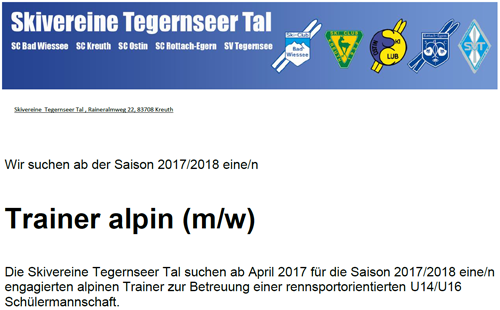 NICHT MEHR AKTUELL - Stellenanzeige Trainer Alpin