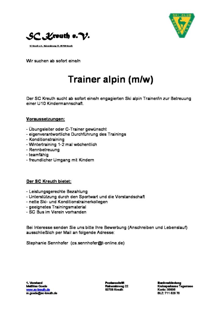 Stellenanzeige Trainer alpin U10