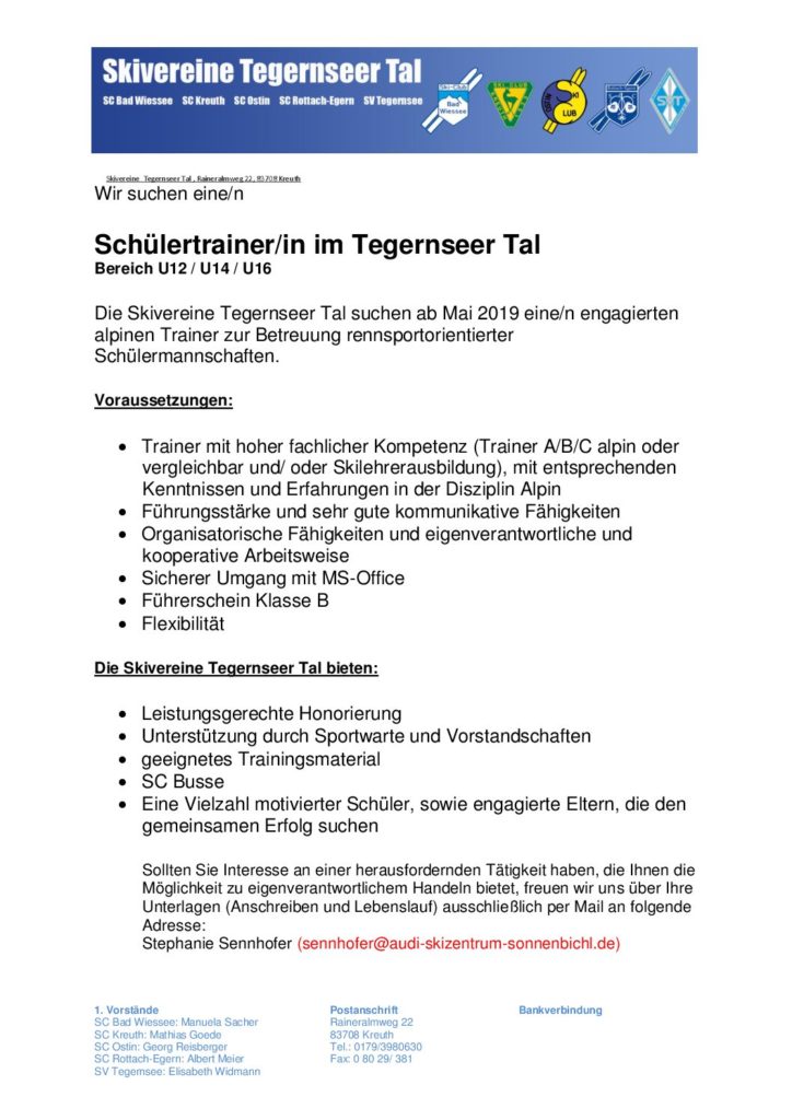 Gesucht: Schülertrainer/in im Tegernseer Tal U12, U14 und U16