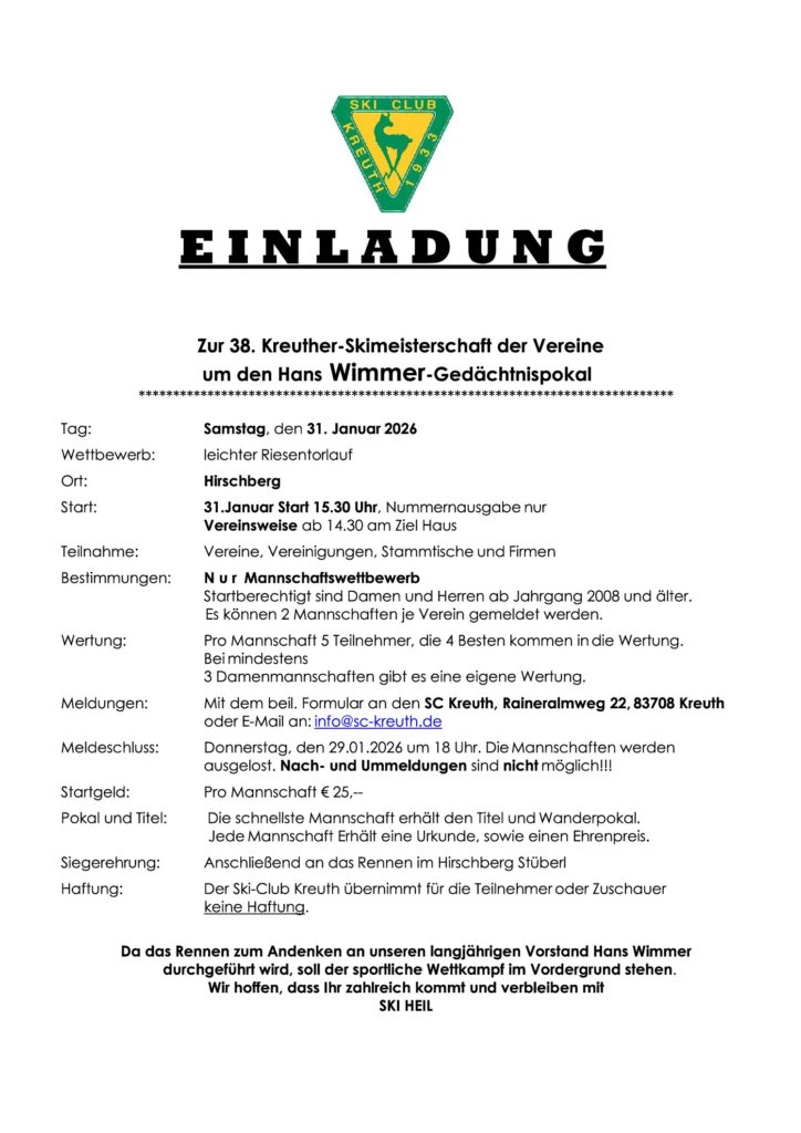 Einladung zur 38. Kreuther Skimeisterschaft um den Hans Wimmer Gedächtnispokal